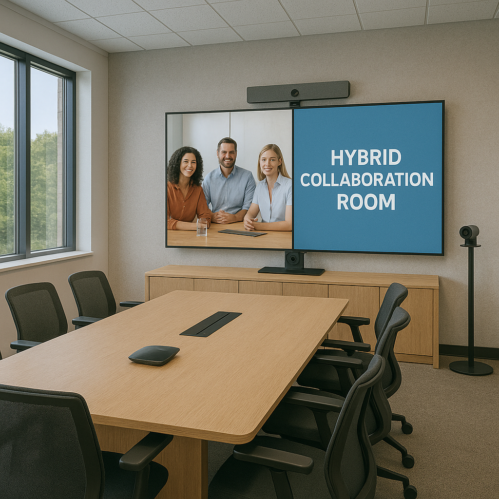 Hybrid collaboration room with split-screen video call